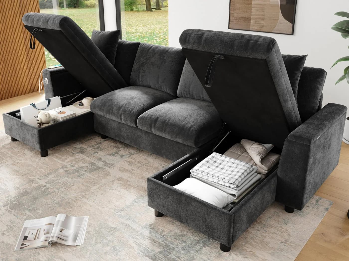 Flieks Ecksofa U-Form Grau mit Schlaffunktion und USB-Anschluss