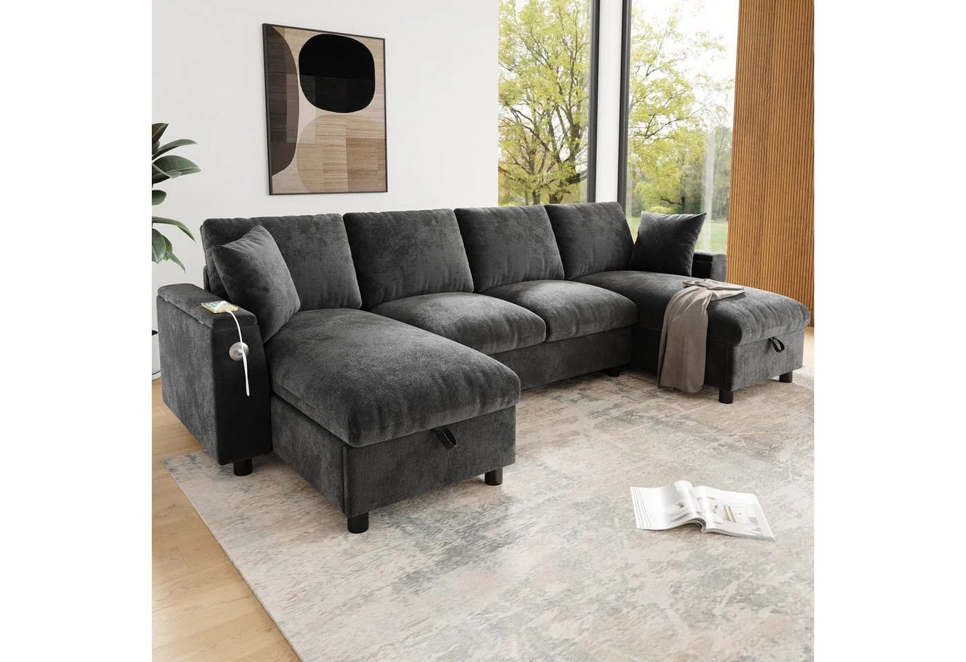 Flieks Ecksofa U-Form Grau mit Schlaffunktion und USB-Anschluss - Bild 3