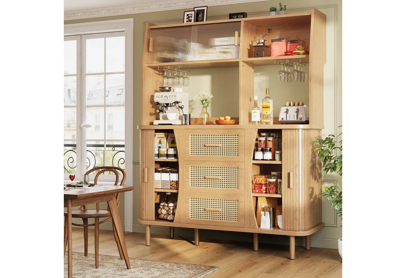 Flieks Küchenbuffet Hochschrank Glas Rattan Holzoptik