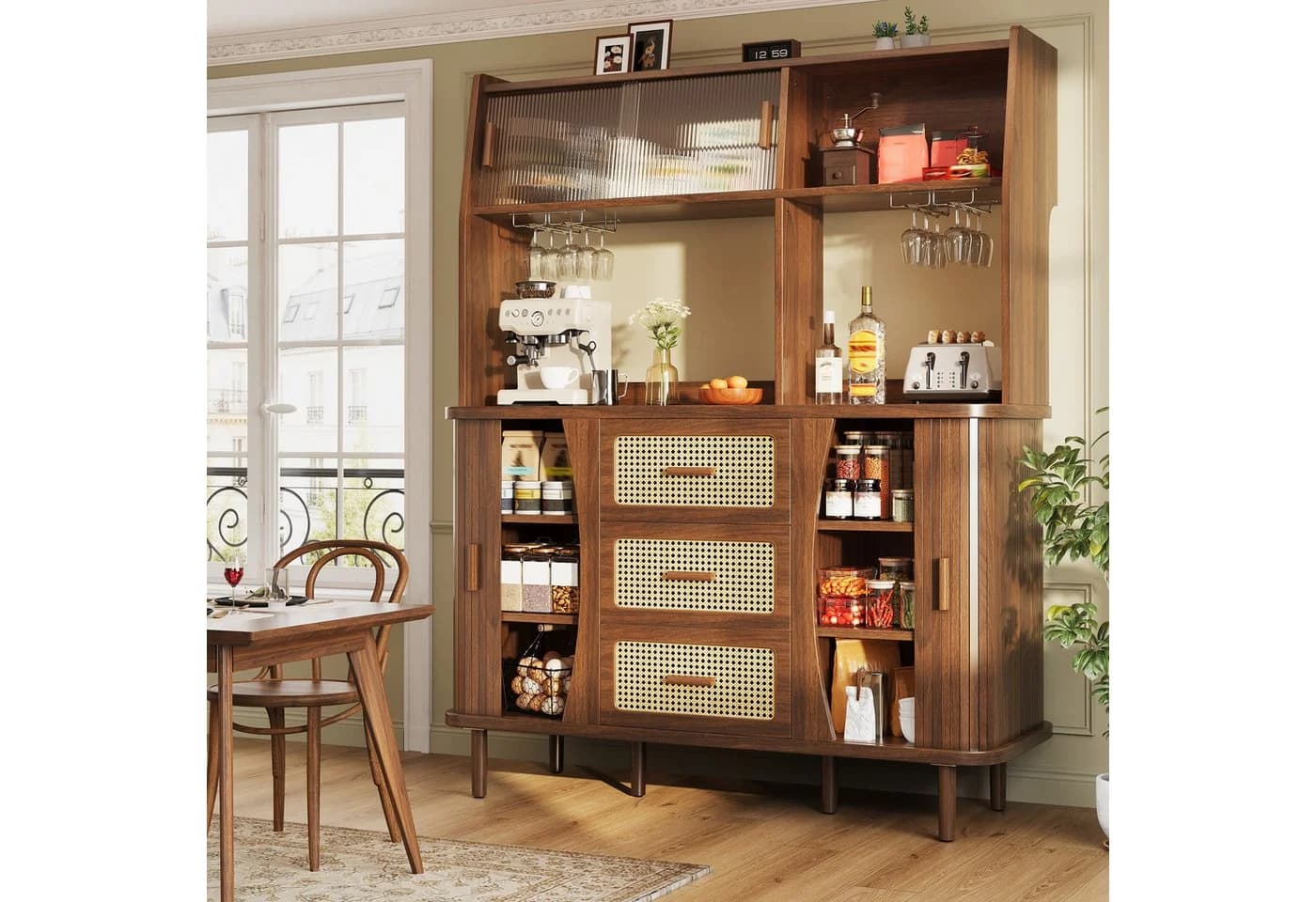 Flieks Küchenbuffet Hochschrank Holzoptik mit Glasschiebetüren