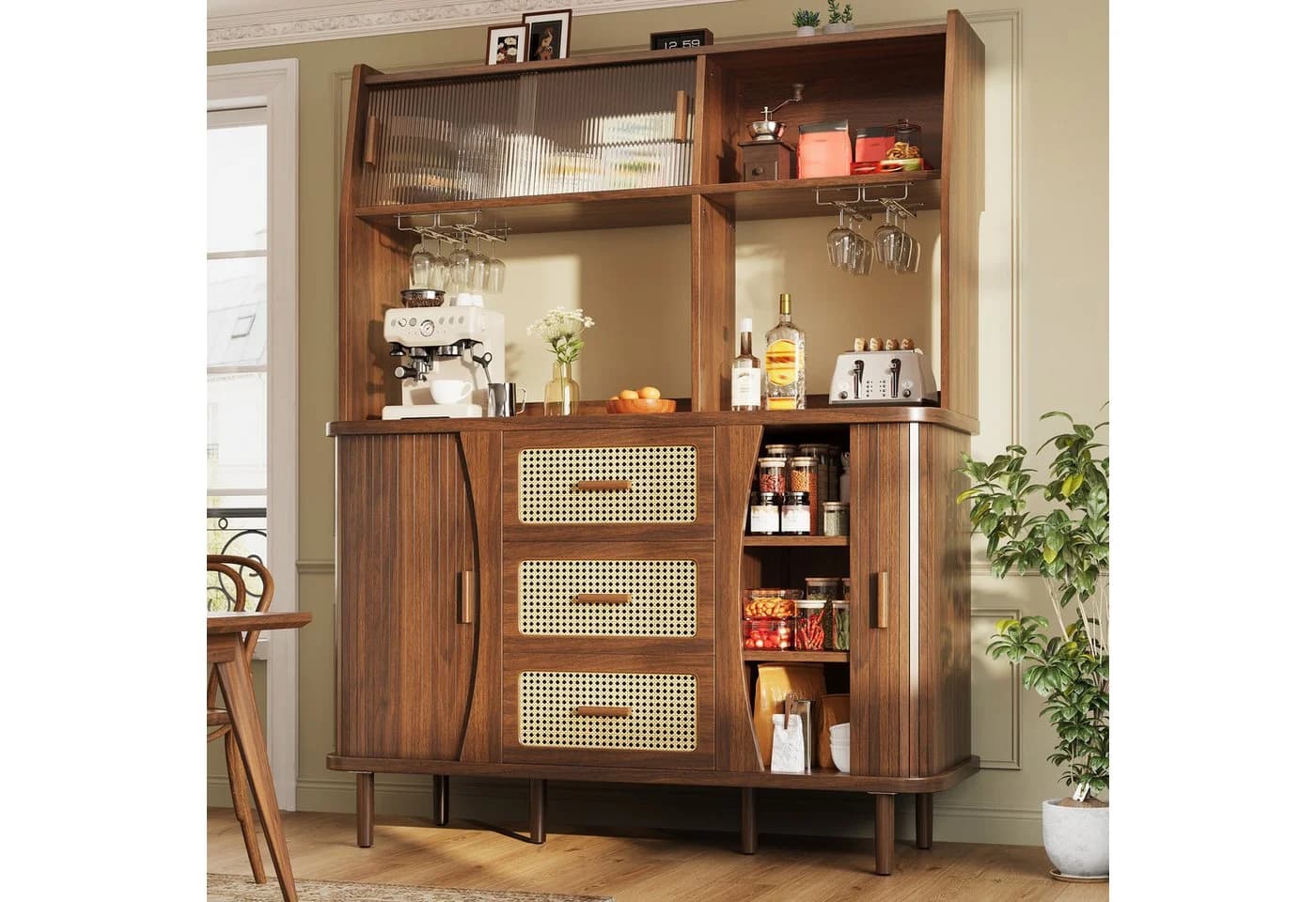 Flieks Küchenbuffet Hochschrank Holzoptik mit Glasschiebetüren - Bild 3