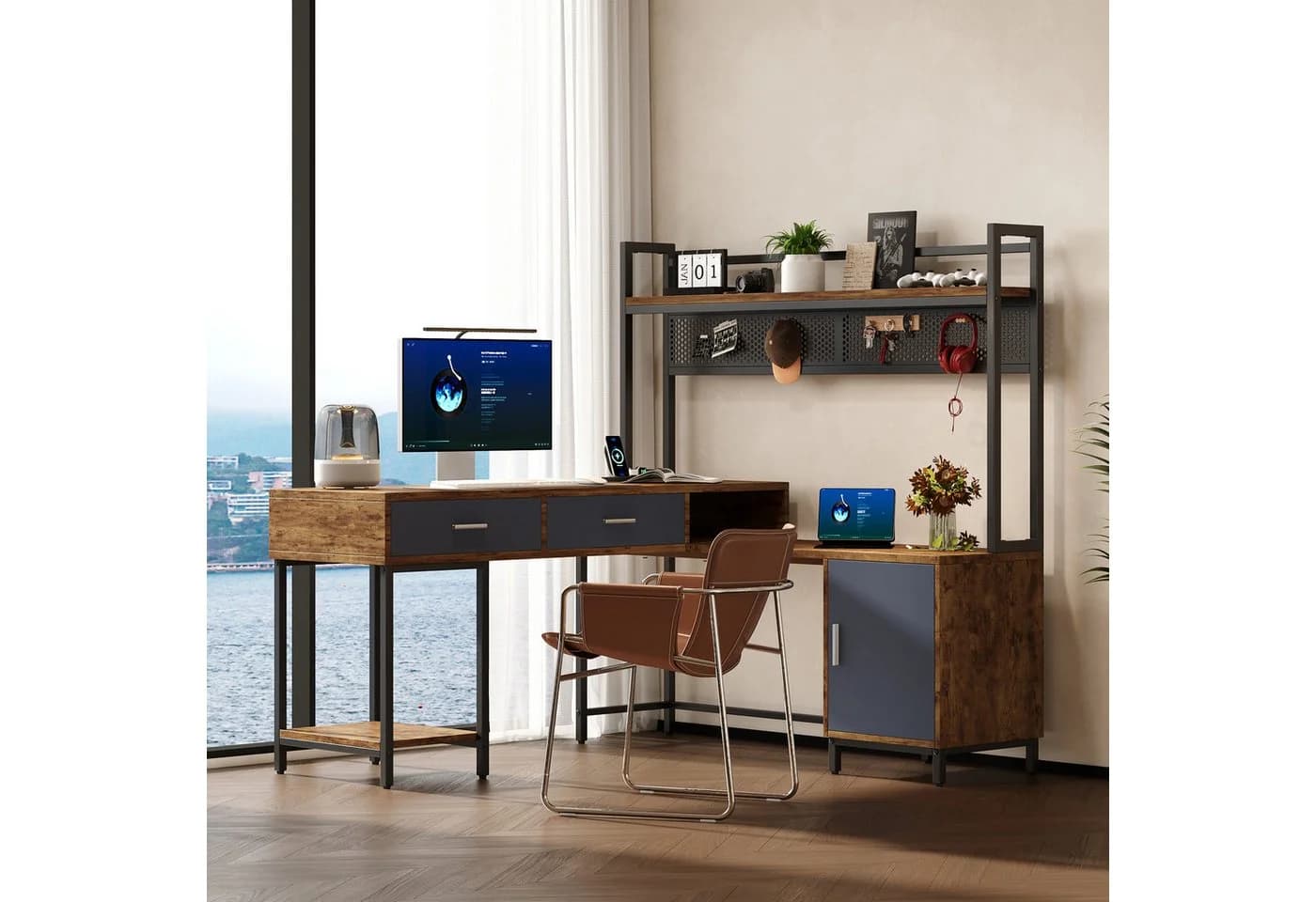 Flieks L-Form Schreibtisch Industriestil Holz Metall Braun