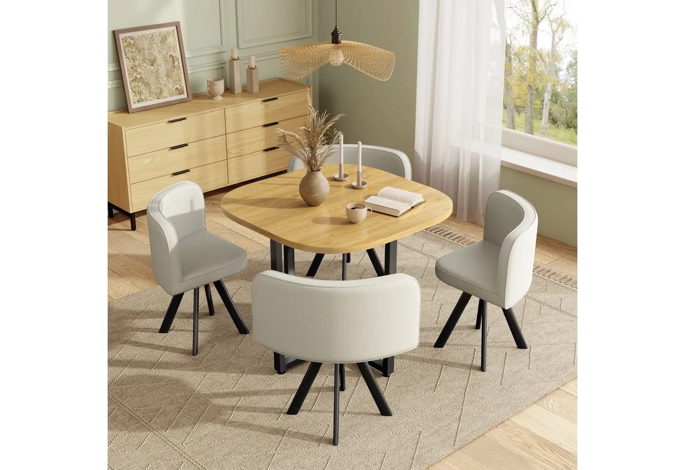 Flieks Essgruppe 5-tlg. mit Tisch & 4 Stühlen, quadratisch, Eichenfarbe, Beige - Bild 3