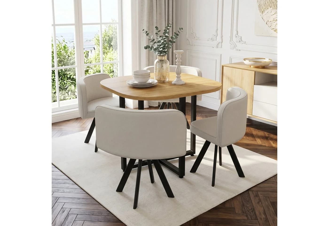 Flieks Essgruppe 5-tlg. mit Tisch & 4 Stühlen, quadratisch, Eichenfarbe, Beige - Bild 4