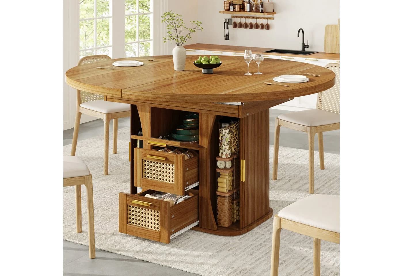Flieks Esstisch ausziehbar Beige mit Rattan-Schubladen - Bild 2