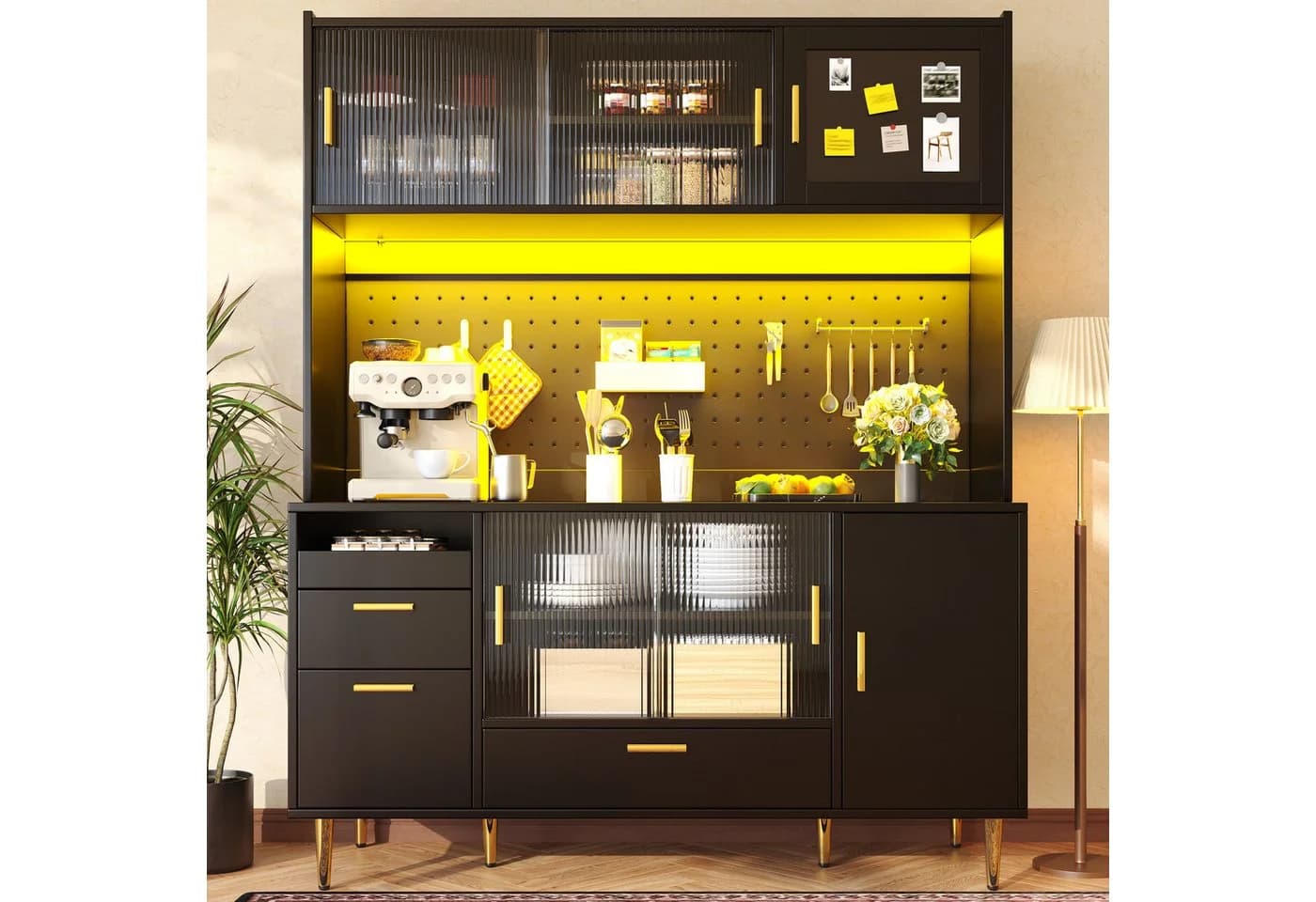 Flieks Küchenbuffet Schwarz mit LED, Lochwand & Glasschiebetüren