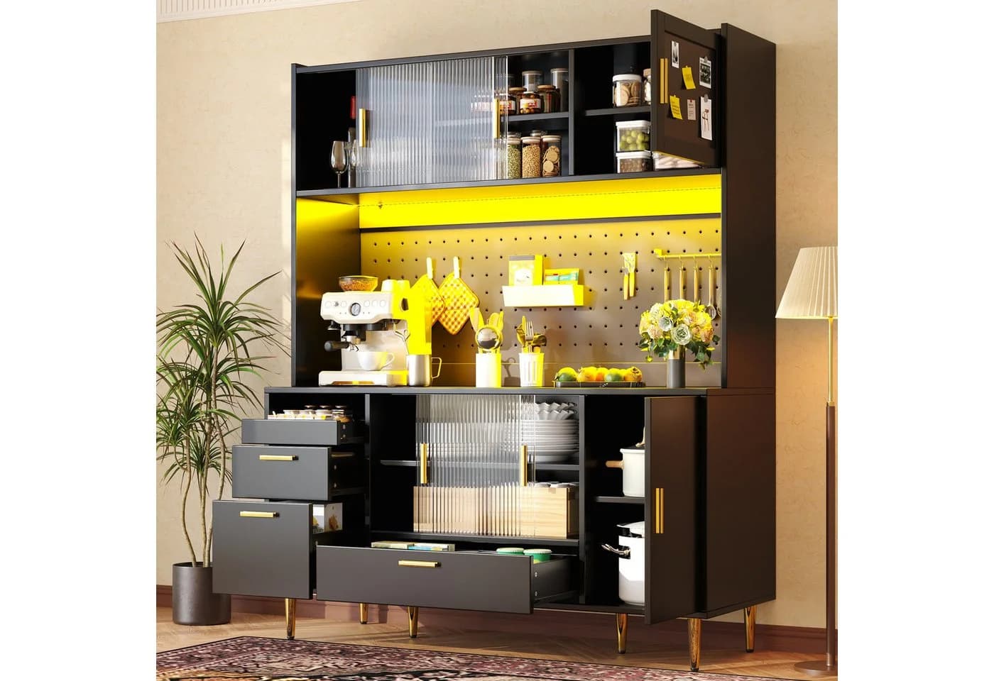 Flieks Küchenbuffet Schwarz mit LED, Lochwand & Glasschiebetüren - Bild 2