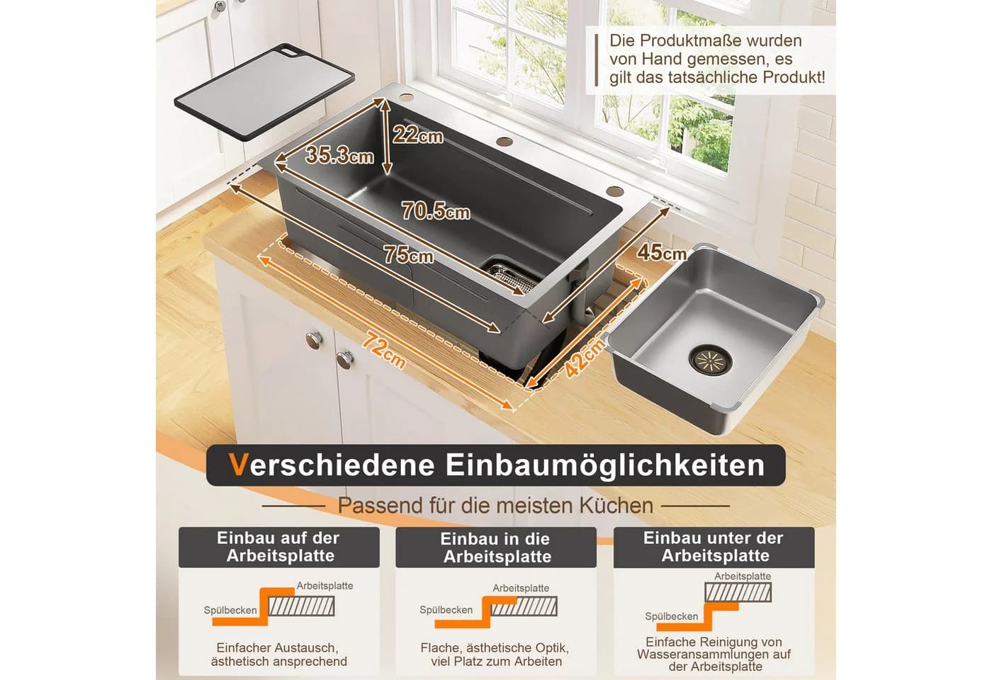 Flieks Edelstahlspüle mit Schneidebrett und Abflusszubehör - Bild 5