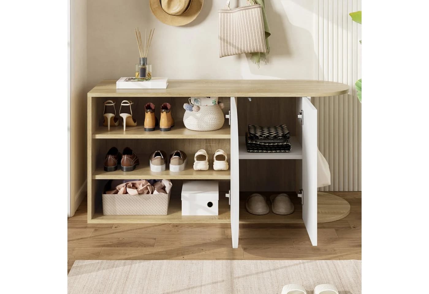 Flieks Schuhschrank Schuhkommode mit 5 Fächern und Haken Hochglanz Weiß/Natur - Bild 3