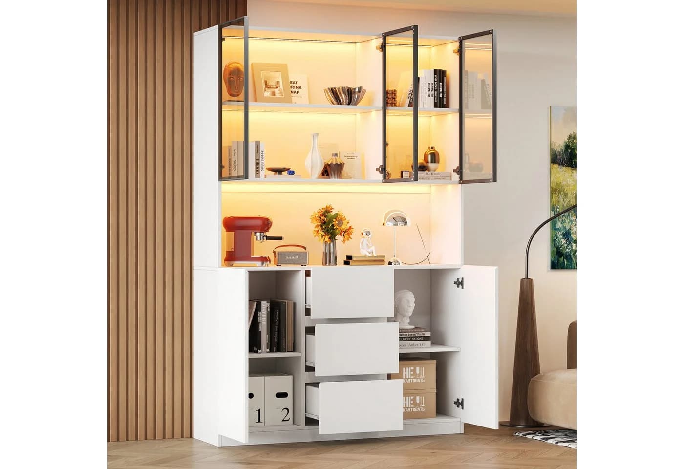 Flieks Küchenbuffet Hochschrank Weiß mit LED-Beleuchtung und Glastüren - Bild 2