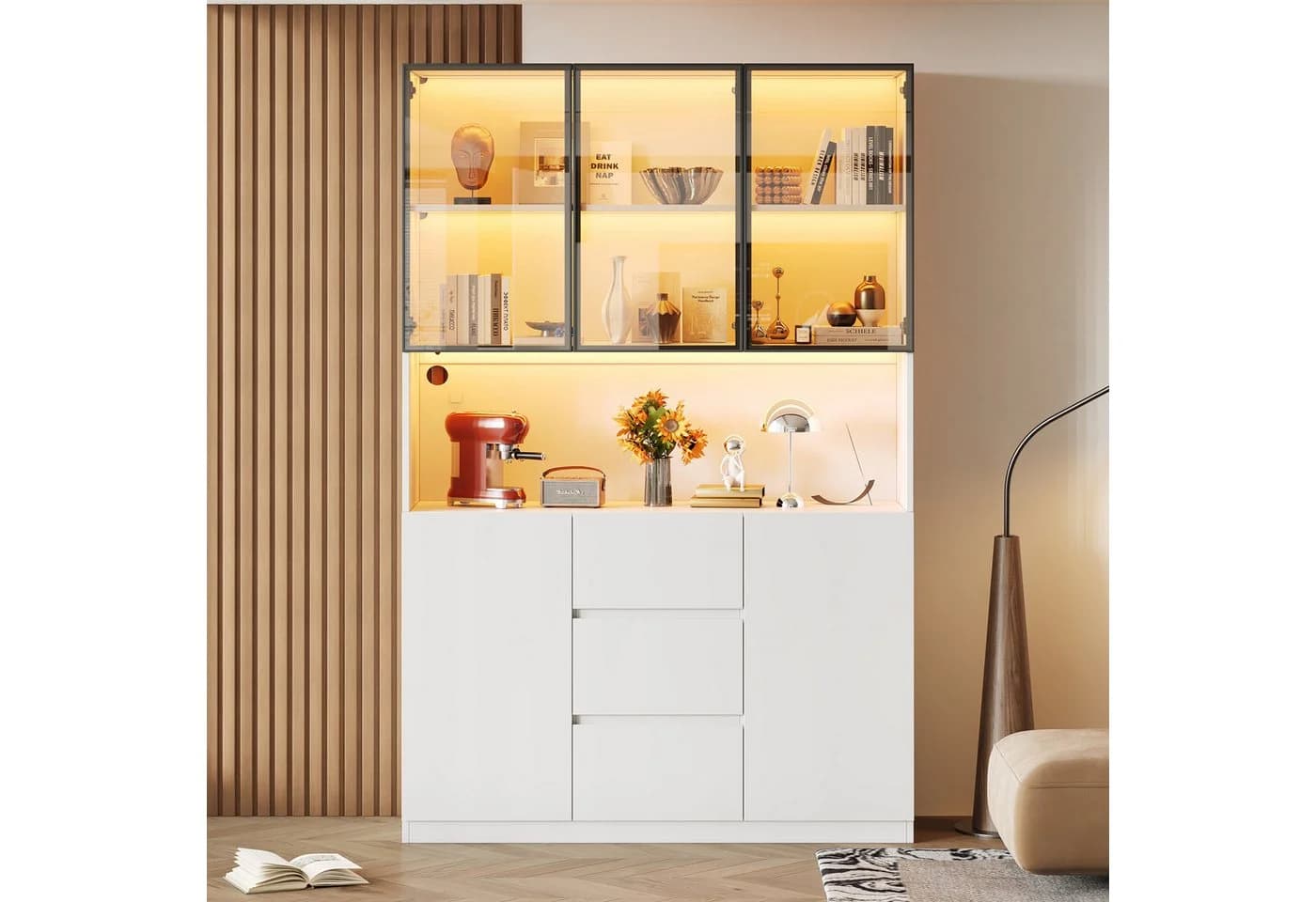 Flieks Küchenbuffet Hochschrank Weiß mit LED-Beleuchtung und Glastüren - Bild 3