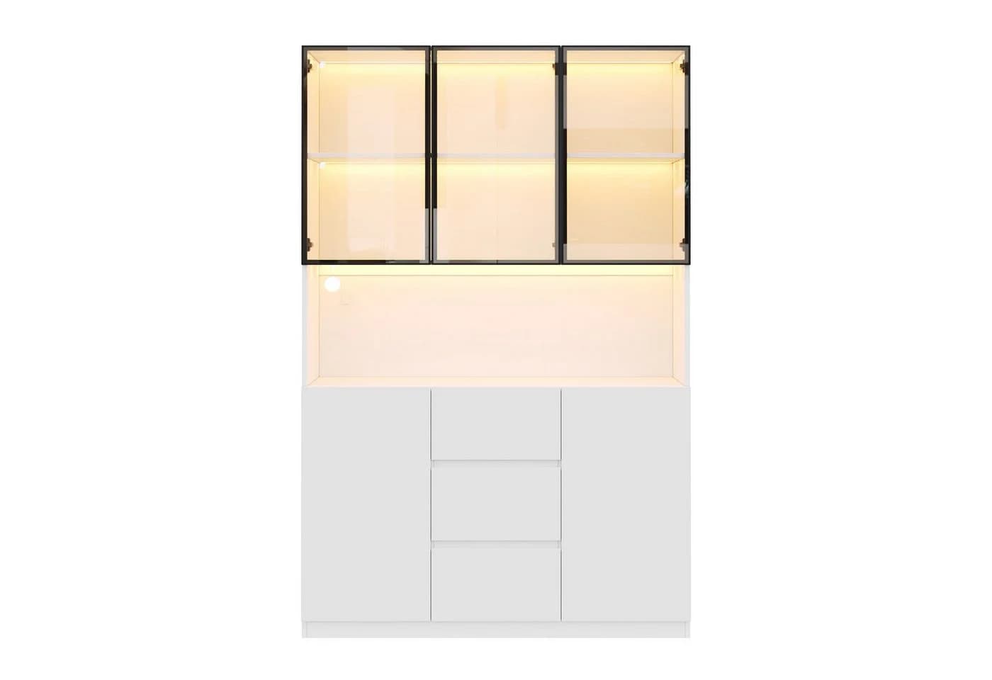 Flieks Küchenbuffet Hochschrank Weiß mit LED-Beleuchtung und Glastüren - Bild 4