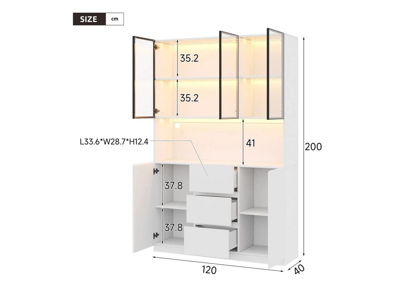 Flieks Küchenbuffet Hochschrank Weiß mit LED-Beleuchtung und Glastüren - Bild 5