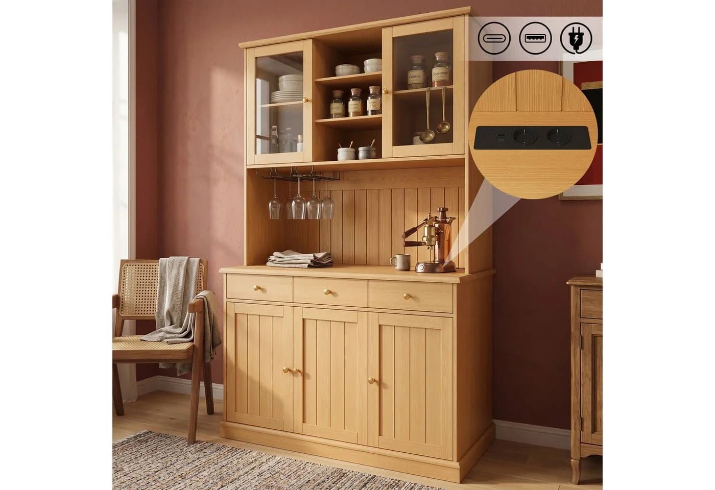 Flieks Küchenbuffet mit USB-Anschlüssen und Glastüren Natur - Bild 2