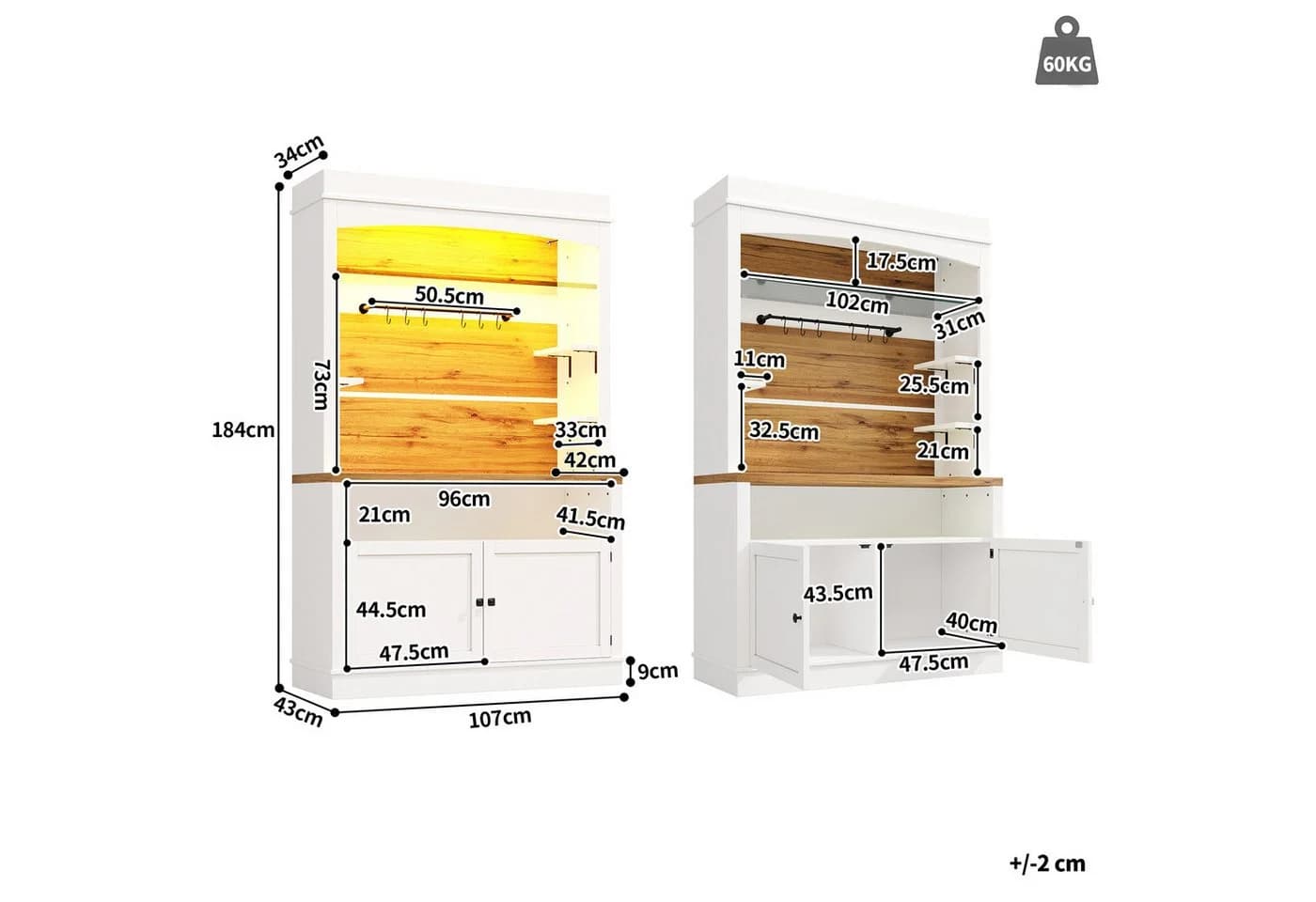 Flieks Küchenbuffet Weiß mit LED-Beleuchtung und Gläserhalter - Bild 4