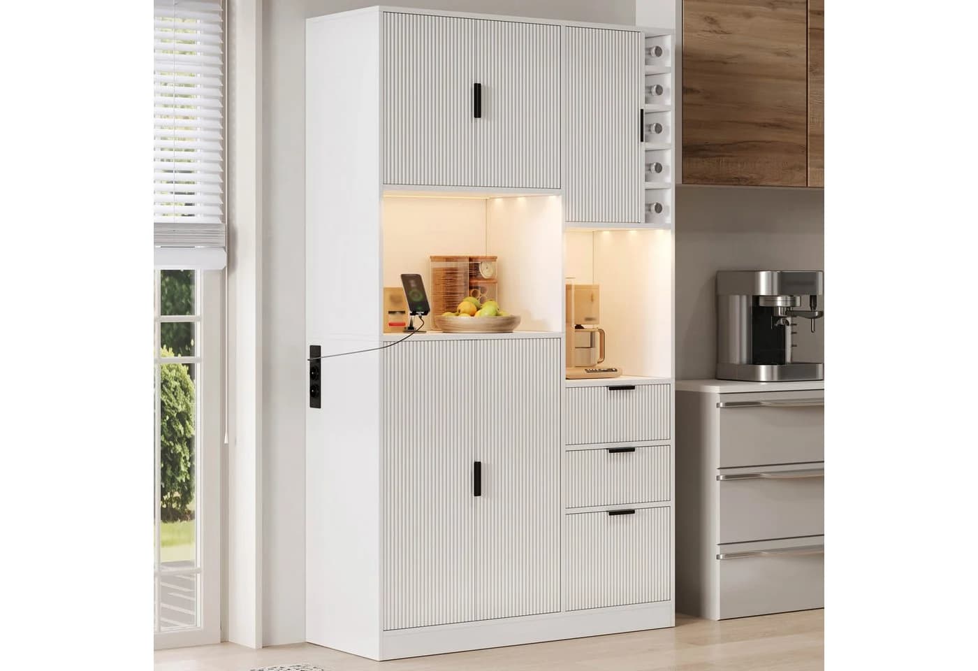 Flieks Küchenbuffet Hochschrank Weiß mit Steckdosen & LED - Bild 2