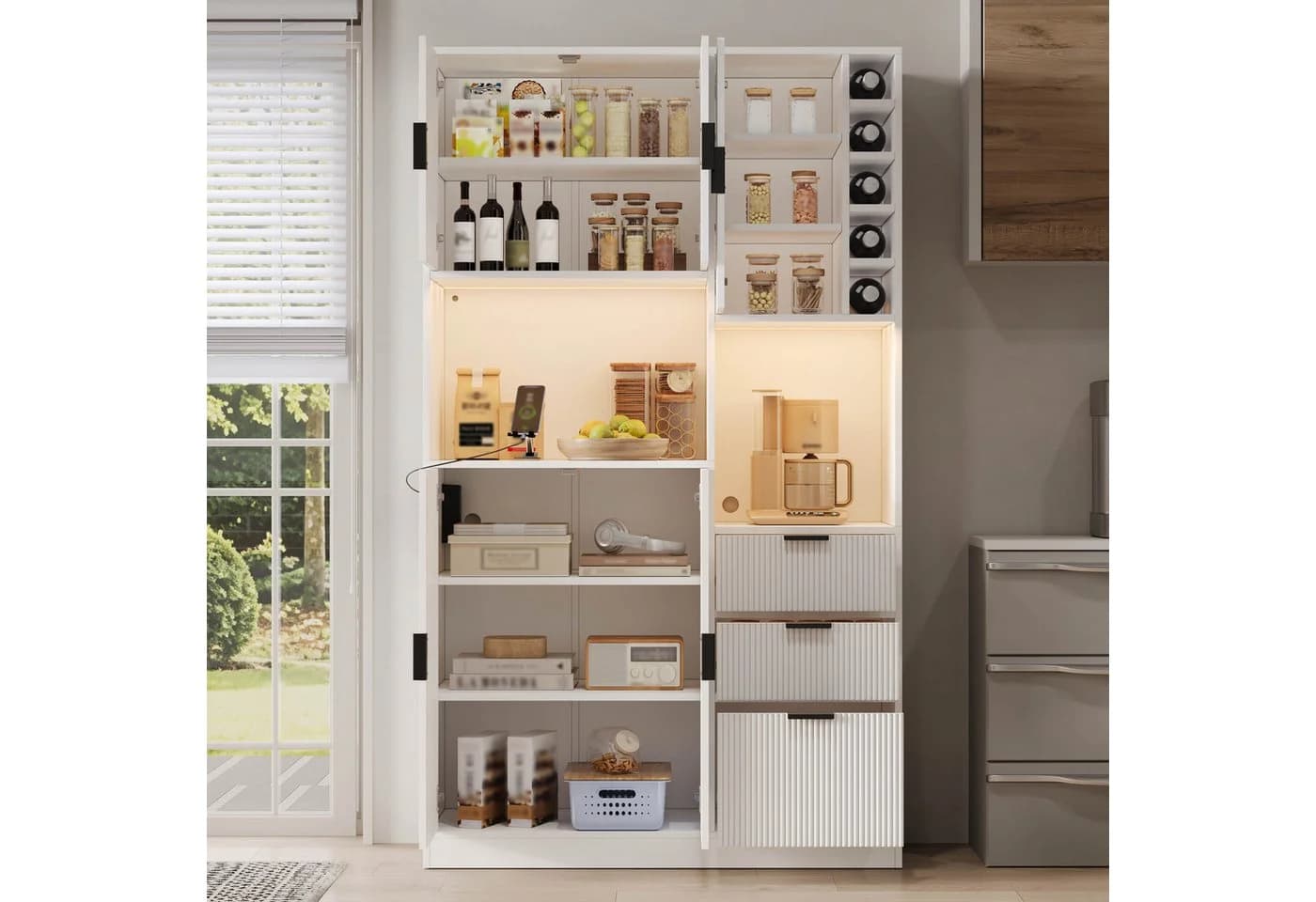 Flieks Küchenbuffet Hochschrank Weiß mit Steckdosen & LED - Bild 3