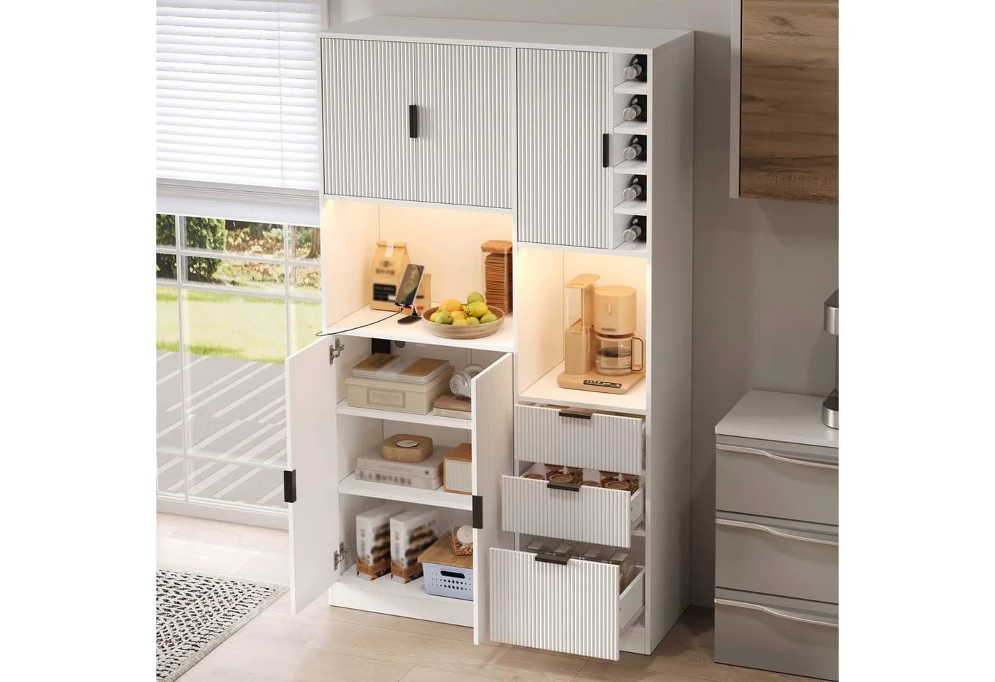 Flieks Küchenbuffet Hochschrank Weiß mit Steckdosen & LED - Bild 4