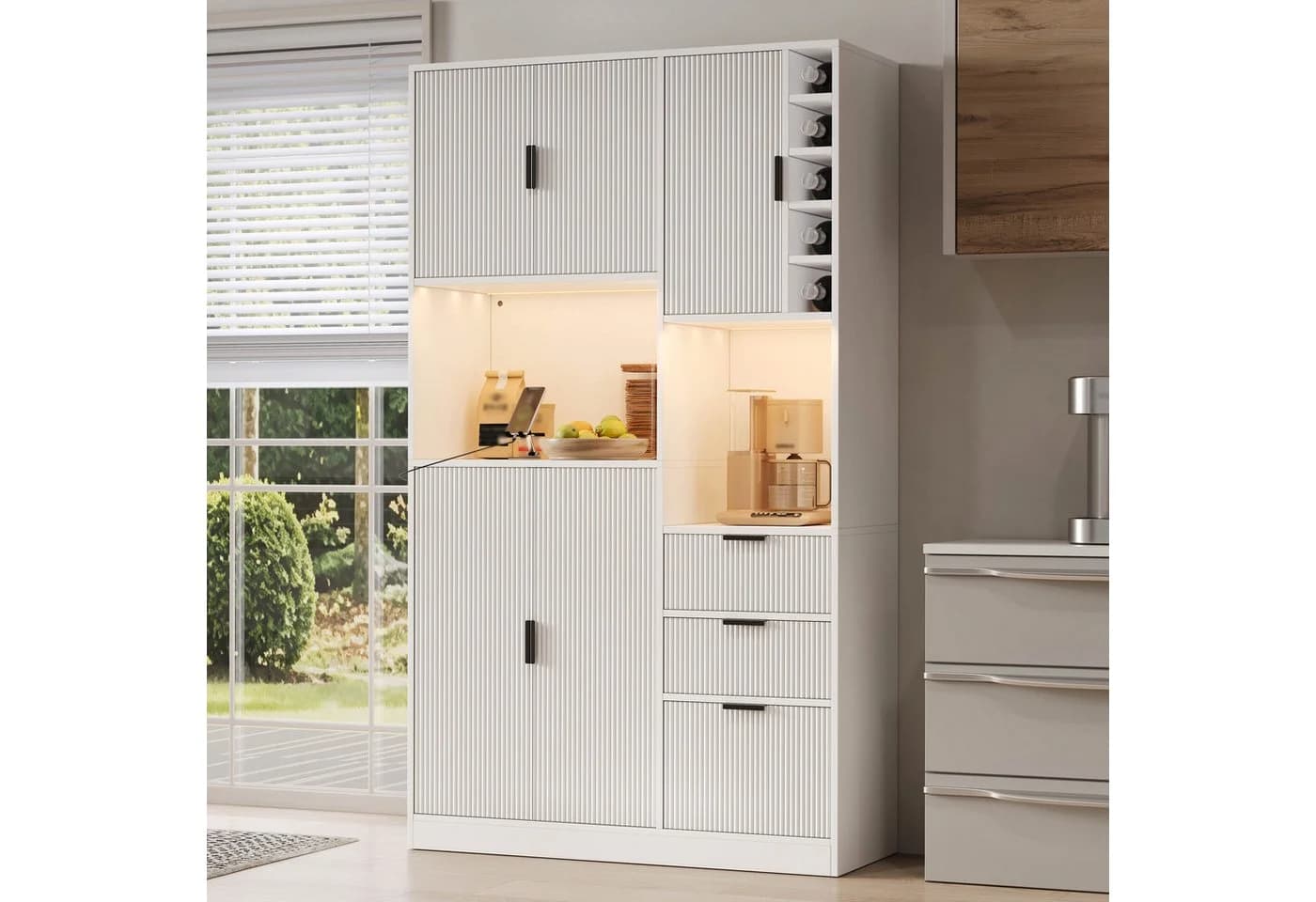Flieks Küchenbuffet Hochschrank Weiß mit Steckdosen & LED - Bild 5
