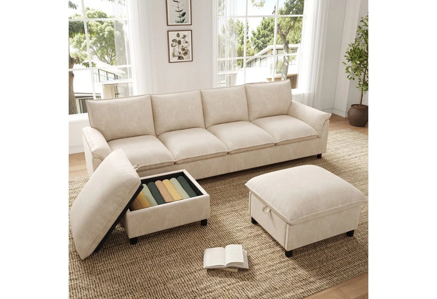 Flieks Ecksofa U-förmig 4-Sitzer Chenille Beige mit 2 Hockern