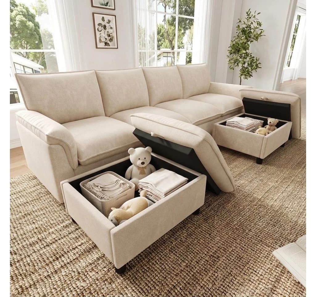 Flieks Ecksofa U-förmig 4-Sitzer Chenille Beige mit 2 Hockern - Bild 2