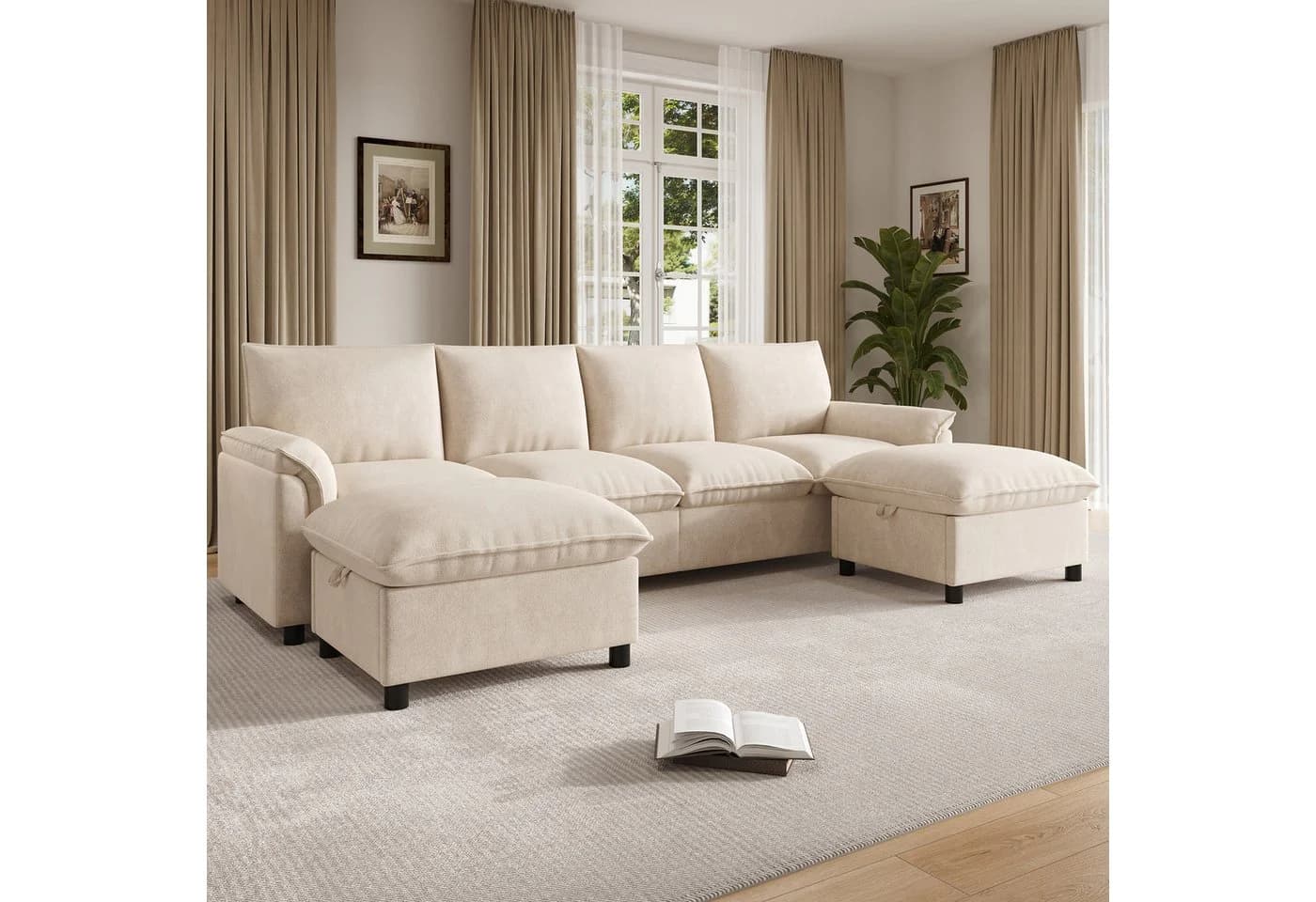Flieks Ecksofa U-förmig 4-Sitzer Chenille Beige mit 2 Hockern - Bild 4