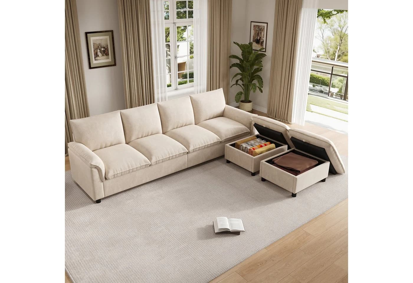 Flieks Ecksofa U-förmig 4-Sitzer Chenille Beige mit 2 Hockern - Bild 5