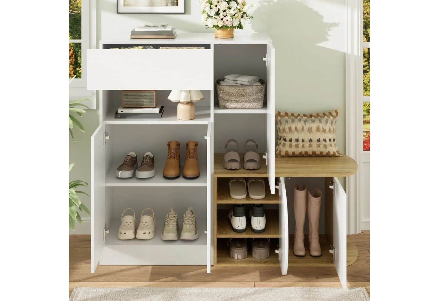 Flieks Schuhschrank mit Sitzbank Weiß/Natur 5 Türen 1 Schublade