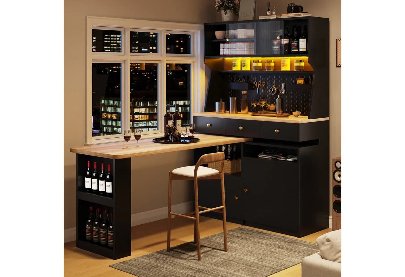 Flieks Buffet Küchenschrank mit drehbarem Esstisch & LED-Beleuchtung Schwarz - Bild 2