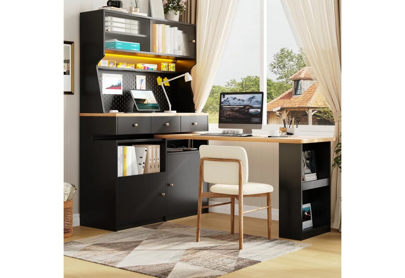 Flieks Buffet Küchenschrank mit drehbarem Esstisch & LED-Beleuchtung Schwarz - Bild 4