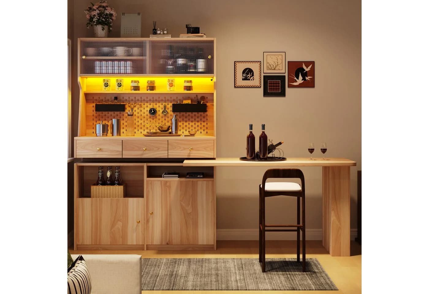 Flieks Küchenbuffet mit drehbarem Esstisch & LED-Beleuchtung Beige