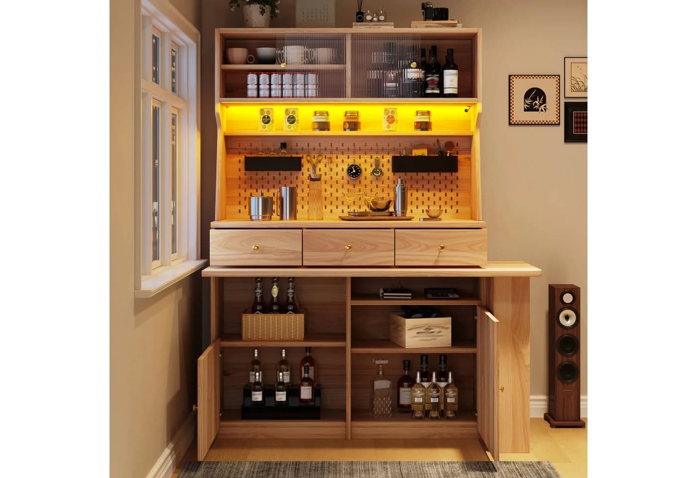 Flieks Küchenbuffet mit drehbarem Esstisch & LED-Beleuchtung Beige - Bild 3