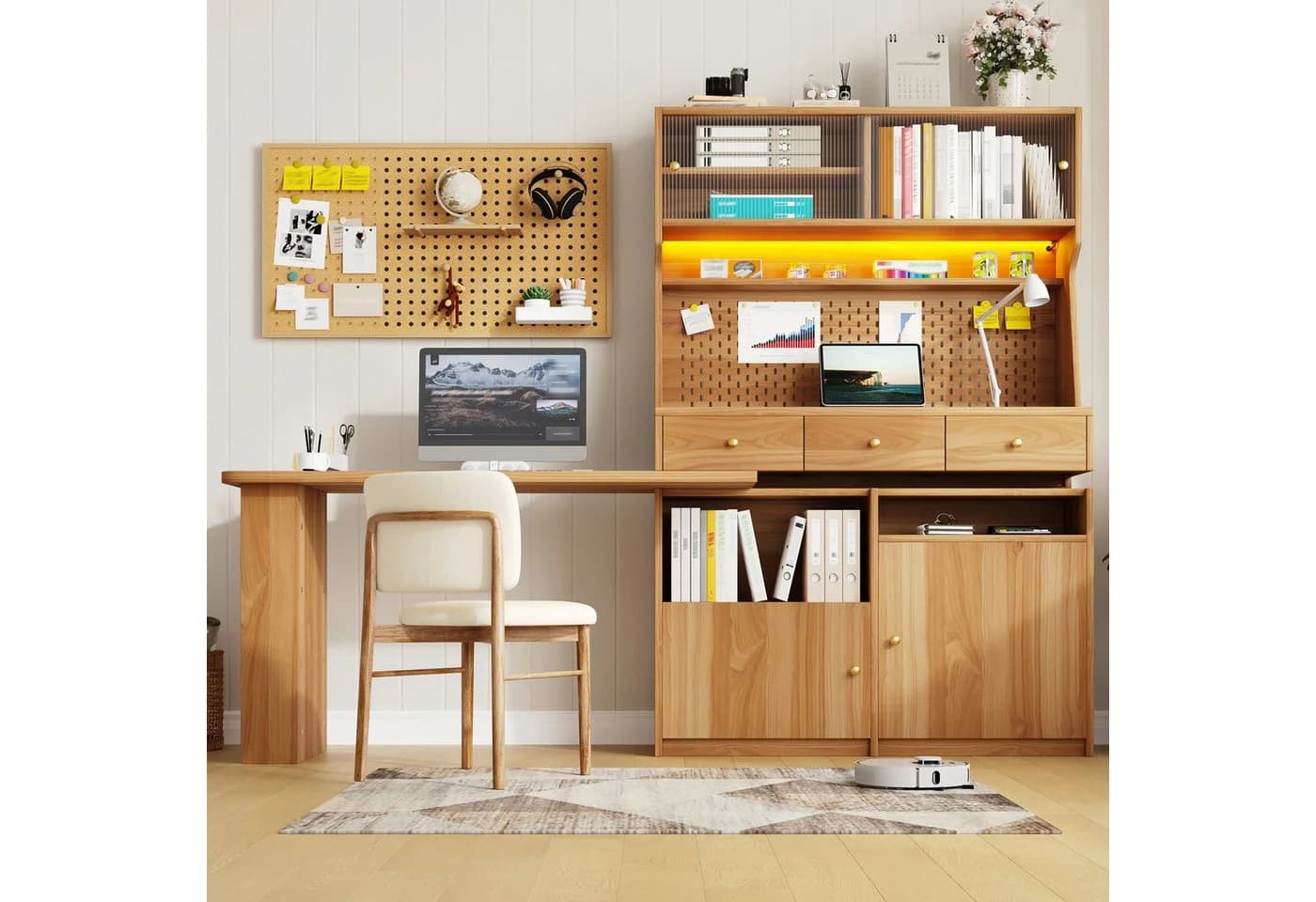 Flieks Küchenbuffet mit drehbarem Esstisch & LED-Beleuchtung Beige - Bild 5