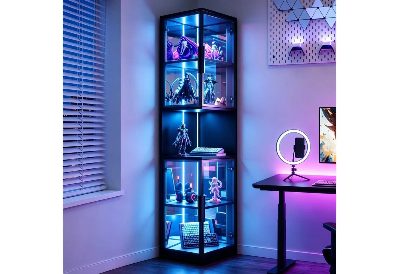 Flieks Eckvitrine Glasvitrine mit LED-Beleuchtung und Glastüren Schwarz