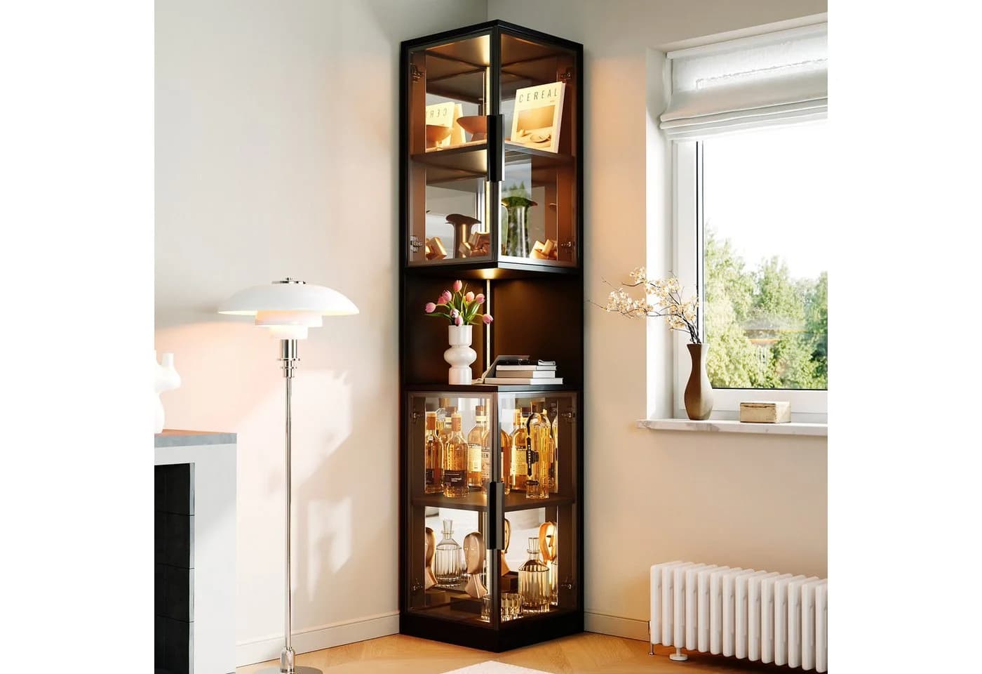 Flieks Eckvitrine Glasvitrine mit LED-Beleuchtung und Glastüren Schwarz - Bild 3