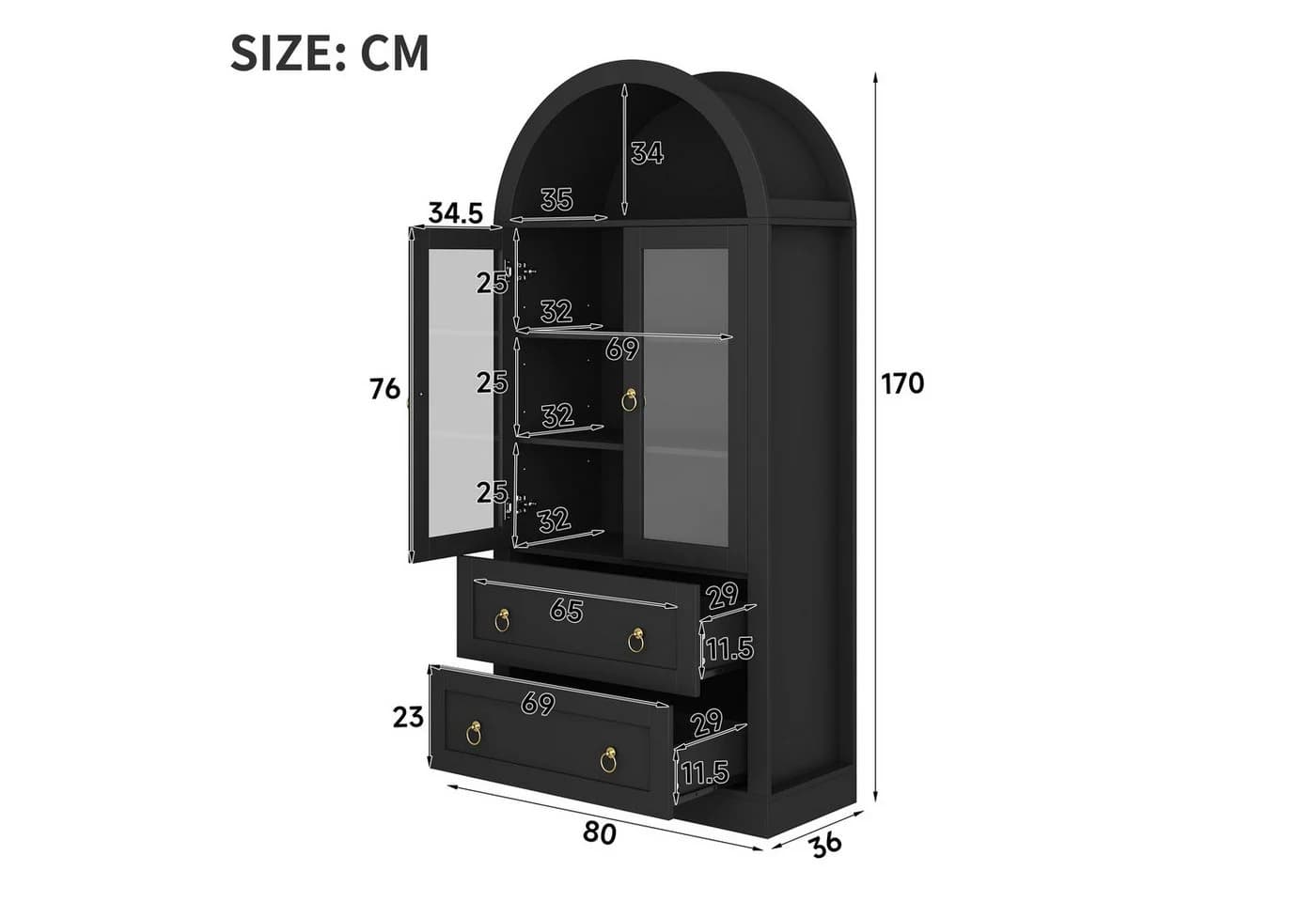 Flieks Hochschrank Bogen-Glasvitrine Schwarz mit Schubladen - Bild 5