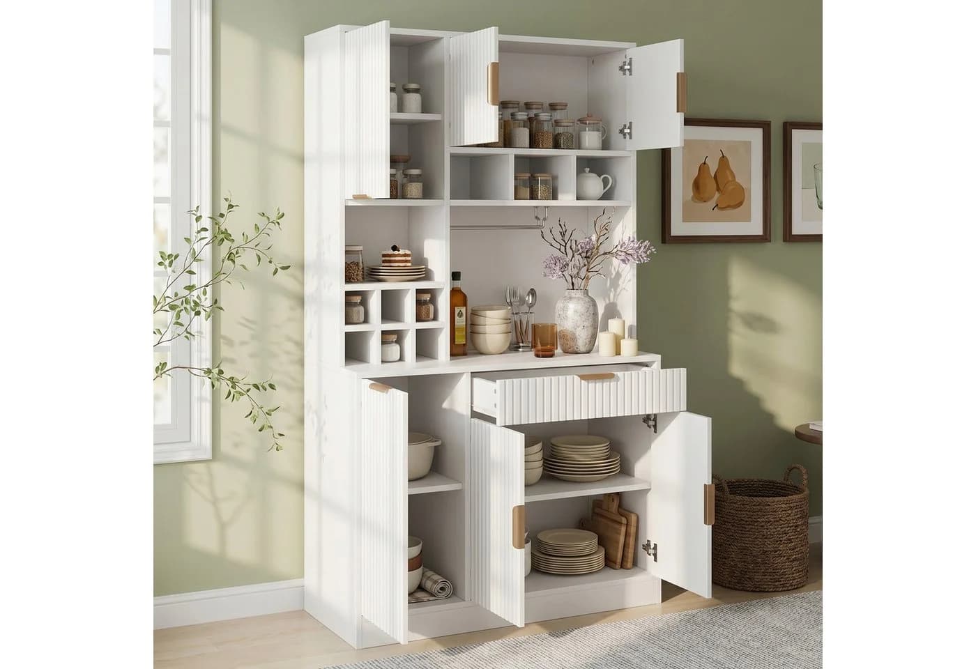 Flieks Küchenbuffet Hochschrank Weiß mit Steckdosen, Gläserhalter & Weinregal