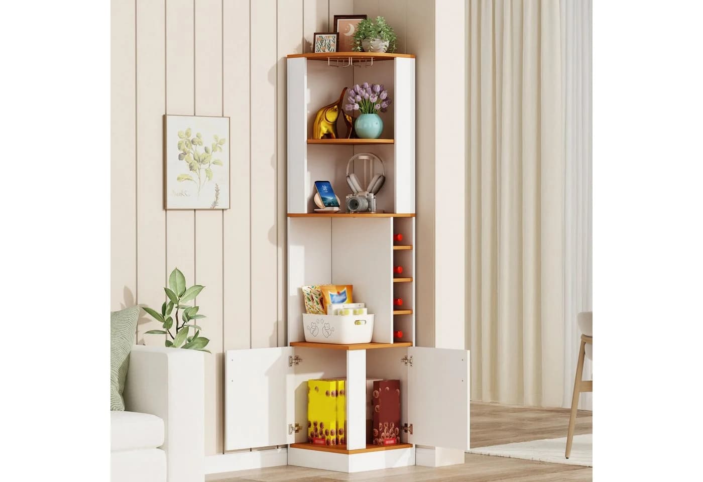 Flieks Eckschrank Hochschrank Weiß Landhausstil mit Weinglasregal
