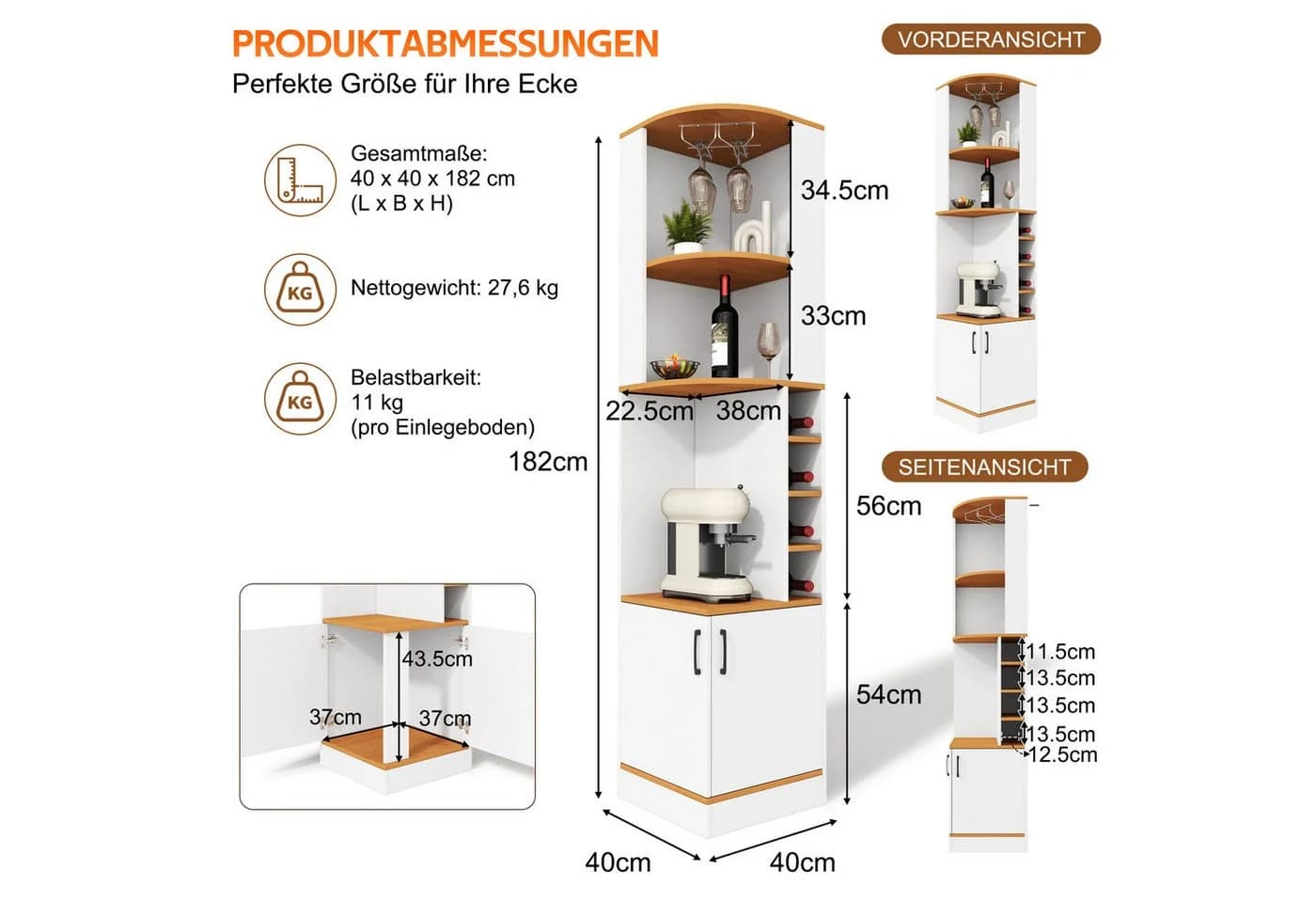 Flieks Eckschrank Hochschrank Weiß Landhausstil mit Weinglasregal - Bild 5
