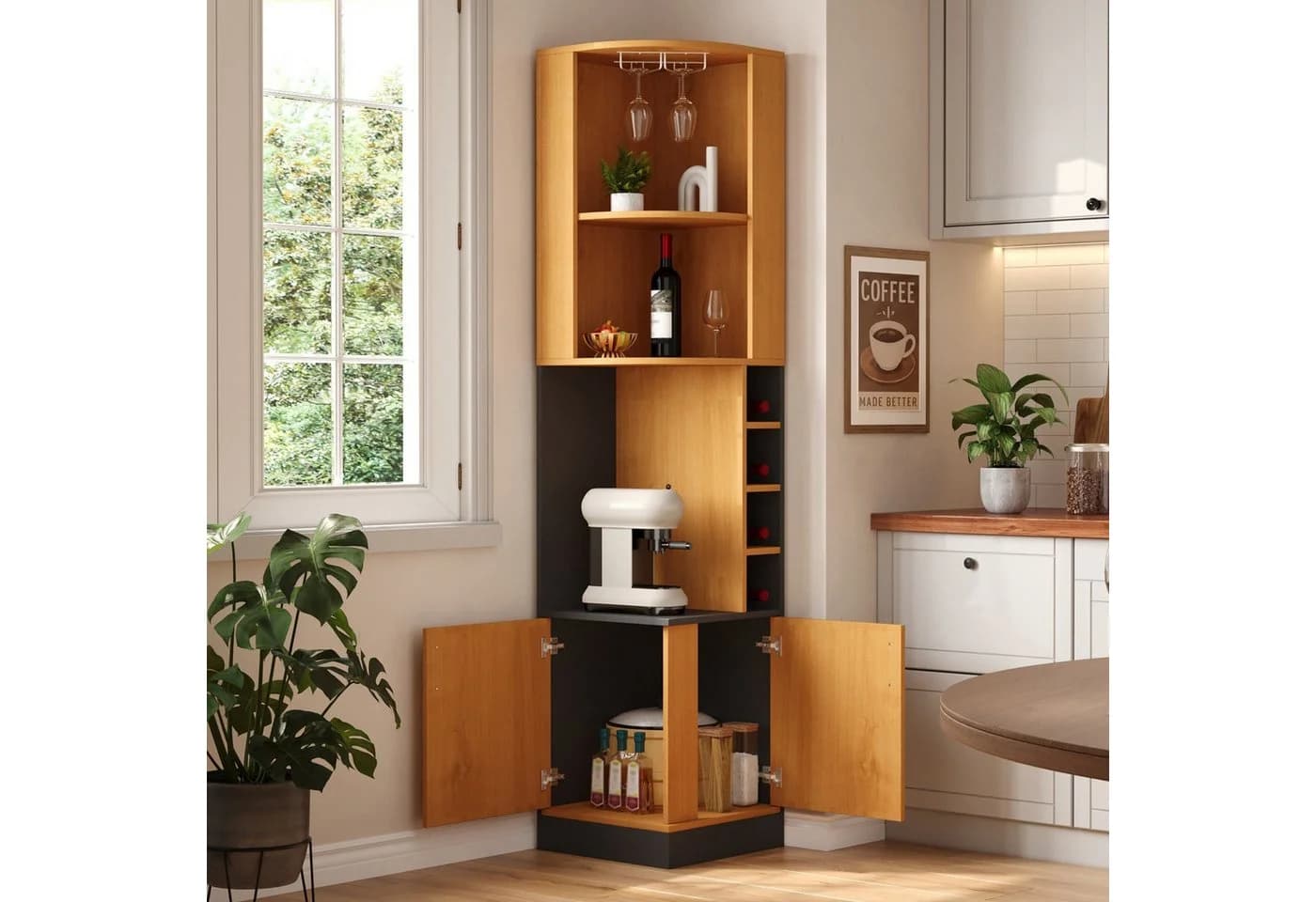 Flieks Eckschrank Hochschrank Landhausstil Natur mit Weinglasregal