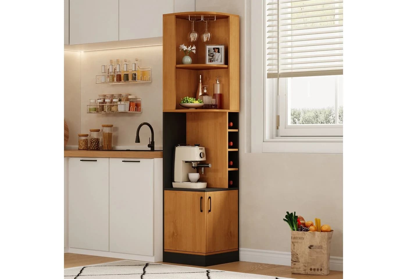 Flieks Eckschrank Hochschrank Landhausstil Natur mit Weinglasregal - Bild 3
