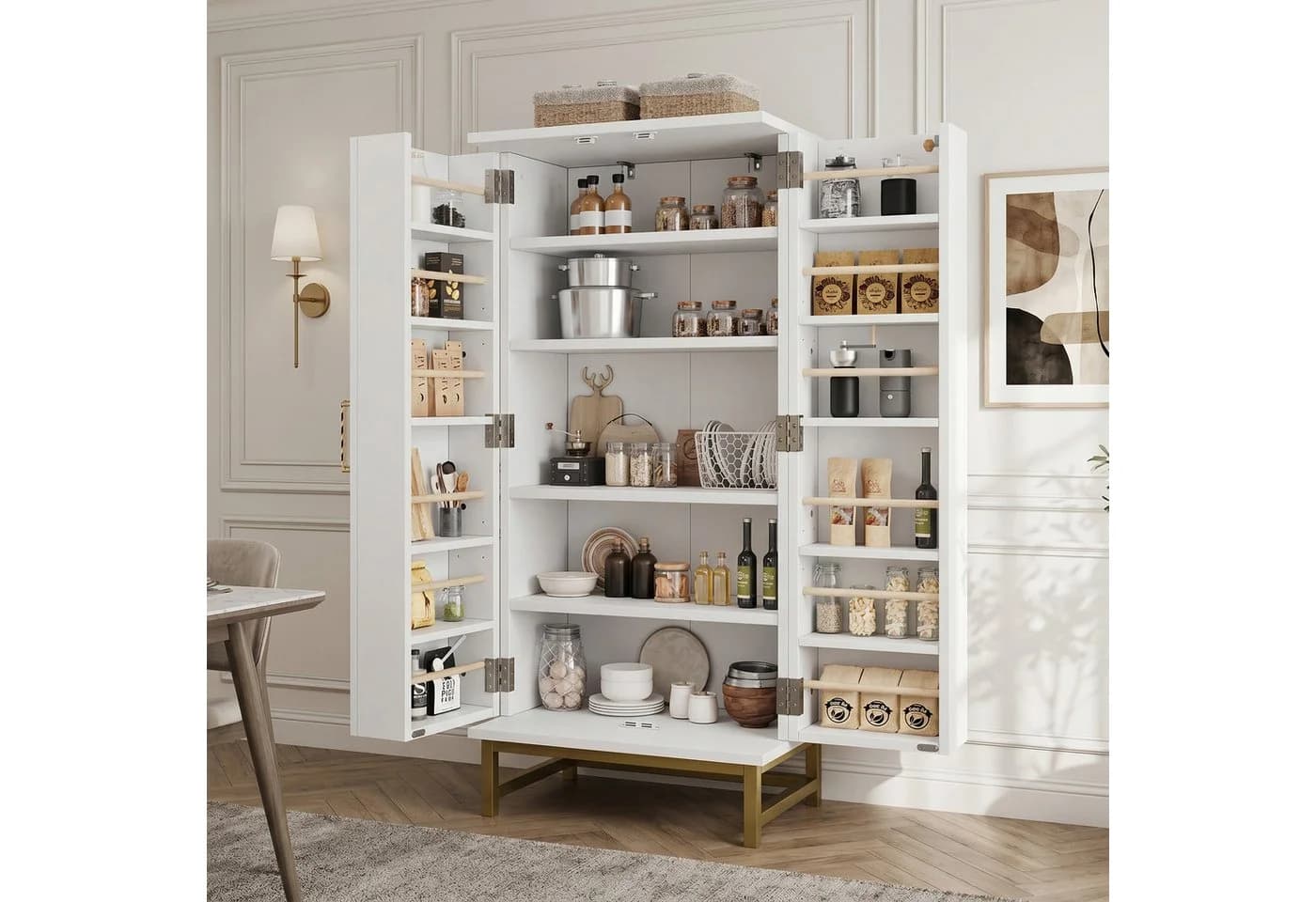 Flieks Hochschrank Weiß mit goldenen Metallbeinen und verstellbaren Böden - Bild 4