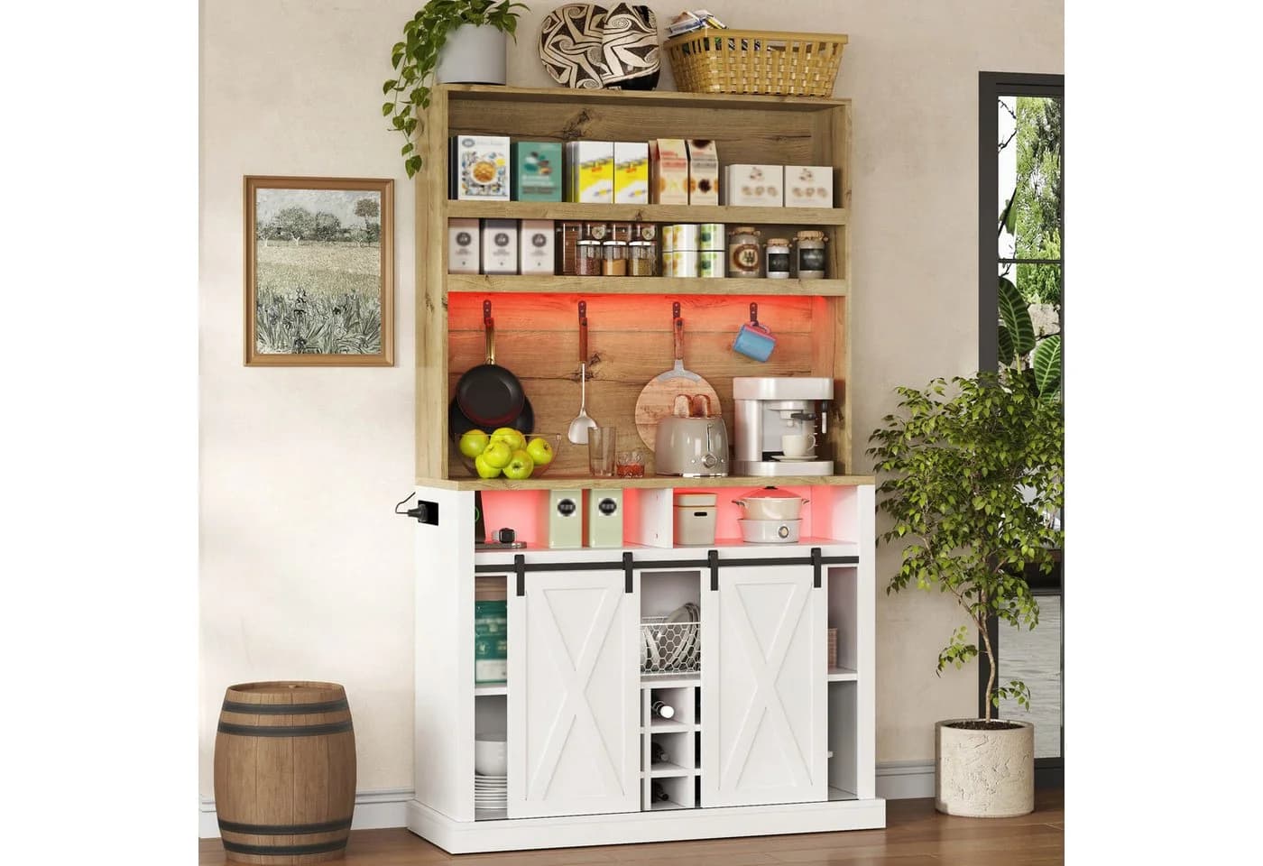 Flieks Küchenbuffet Hochschrank Weiß mit LED, Steckdose & Weinregal - Bild 2