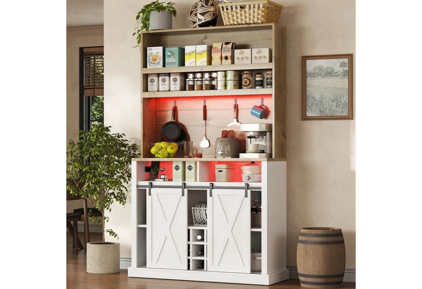 Flieks Küchenbuffet Hochschrank Weiß mit LED, Steckdose & Weinregal - Bild 3