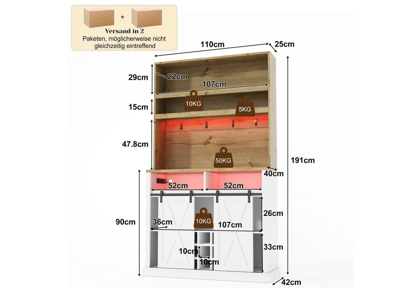 Flieks Küchenbuffet Hochschrank Weiß mit LED, Steckdose & Weinregal - Bild 5
