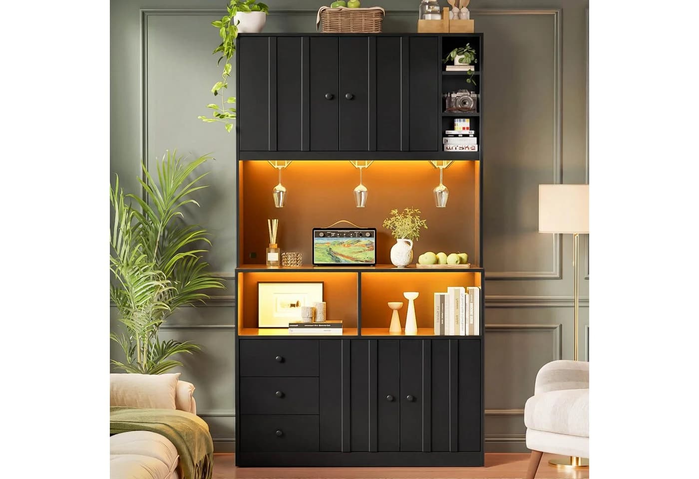 Flieks Küchenbuffet Hochschrank Schwarz mit LED-Beleuchtung und Steckdose