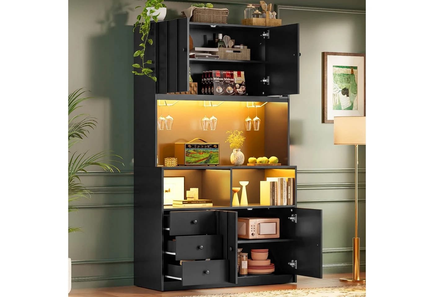 Flieks Küchenbuffet Hochschrank Schwarz mit LED-Beleuchtung und Steckdose - Bild 2