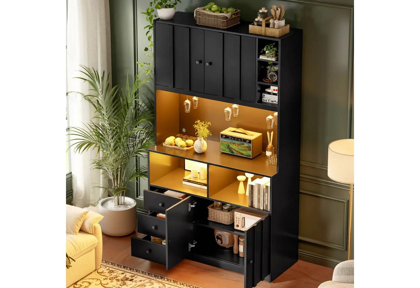 Flieks Küchenbuffet Hochschrank Schwarz mit LED-Beleuchtung und Steckdose - Bild 4