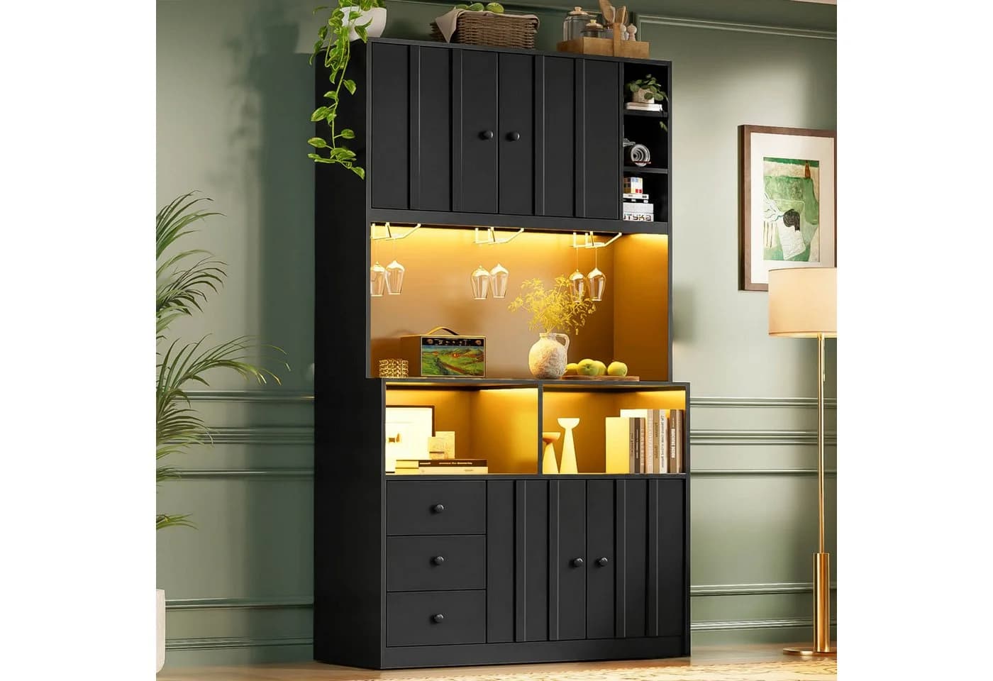 Flieks Küchenbuffet Hochschrank Schwarz mit LED-Beleuchtung und Steckdose - Bild 5