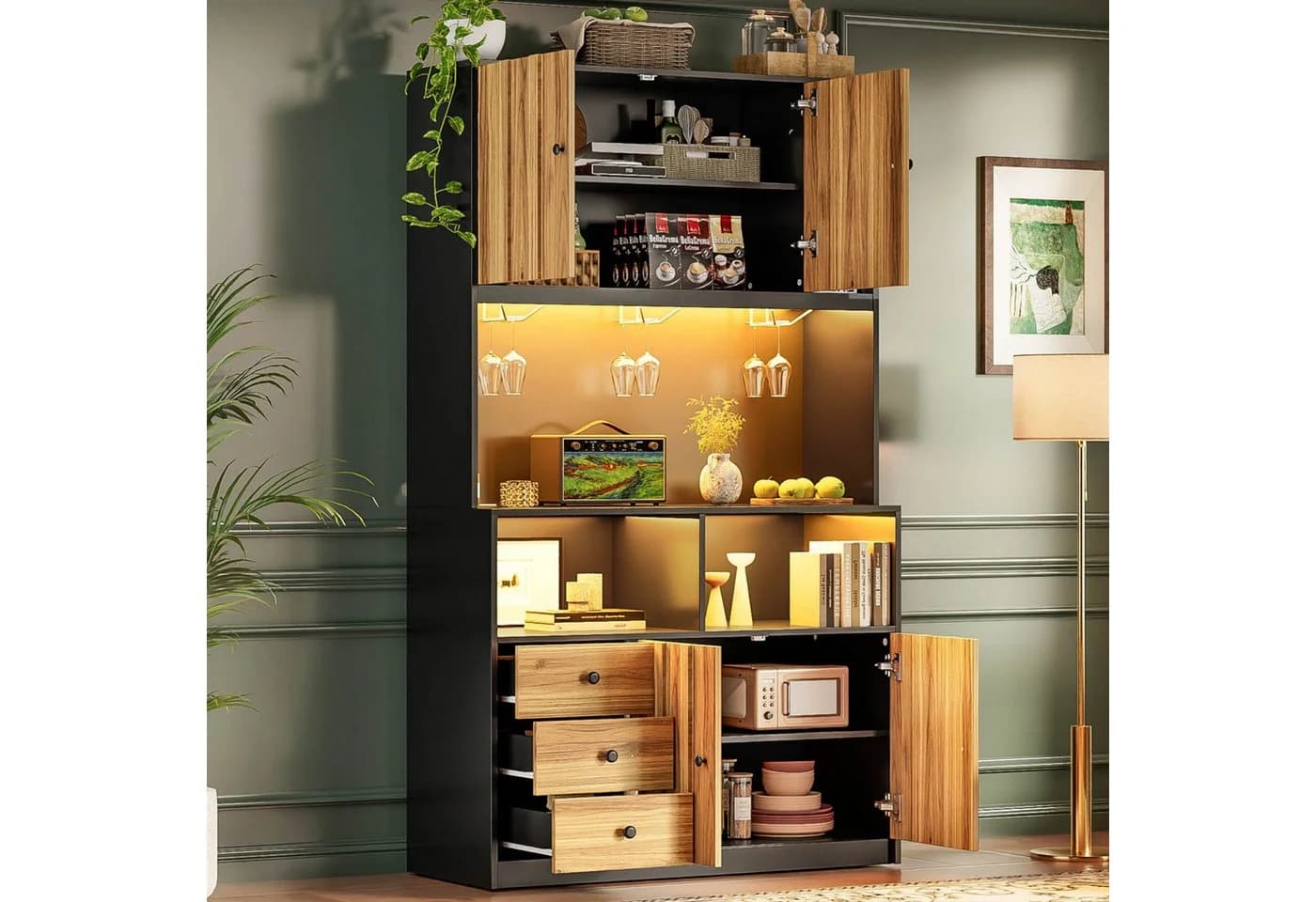 Flieks Küchenbuffet Hochschrank Schwarz Beige Holzoptik LED